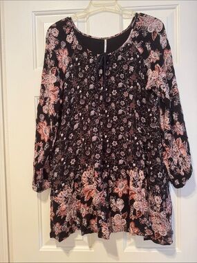 Free People Black Floral Peasant Blouse with Pink and Cream Accents